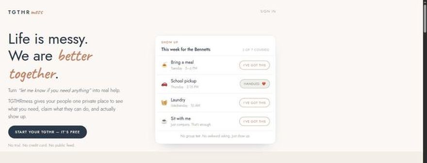 TGTHRmess — a list of needs a family's people can claim